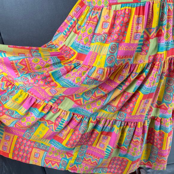 Vtg 80s 90s Two Potato Retro Artsy Midi Tiered Tie Shoulder Dress M Resort Wear - Picture 8 of 16